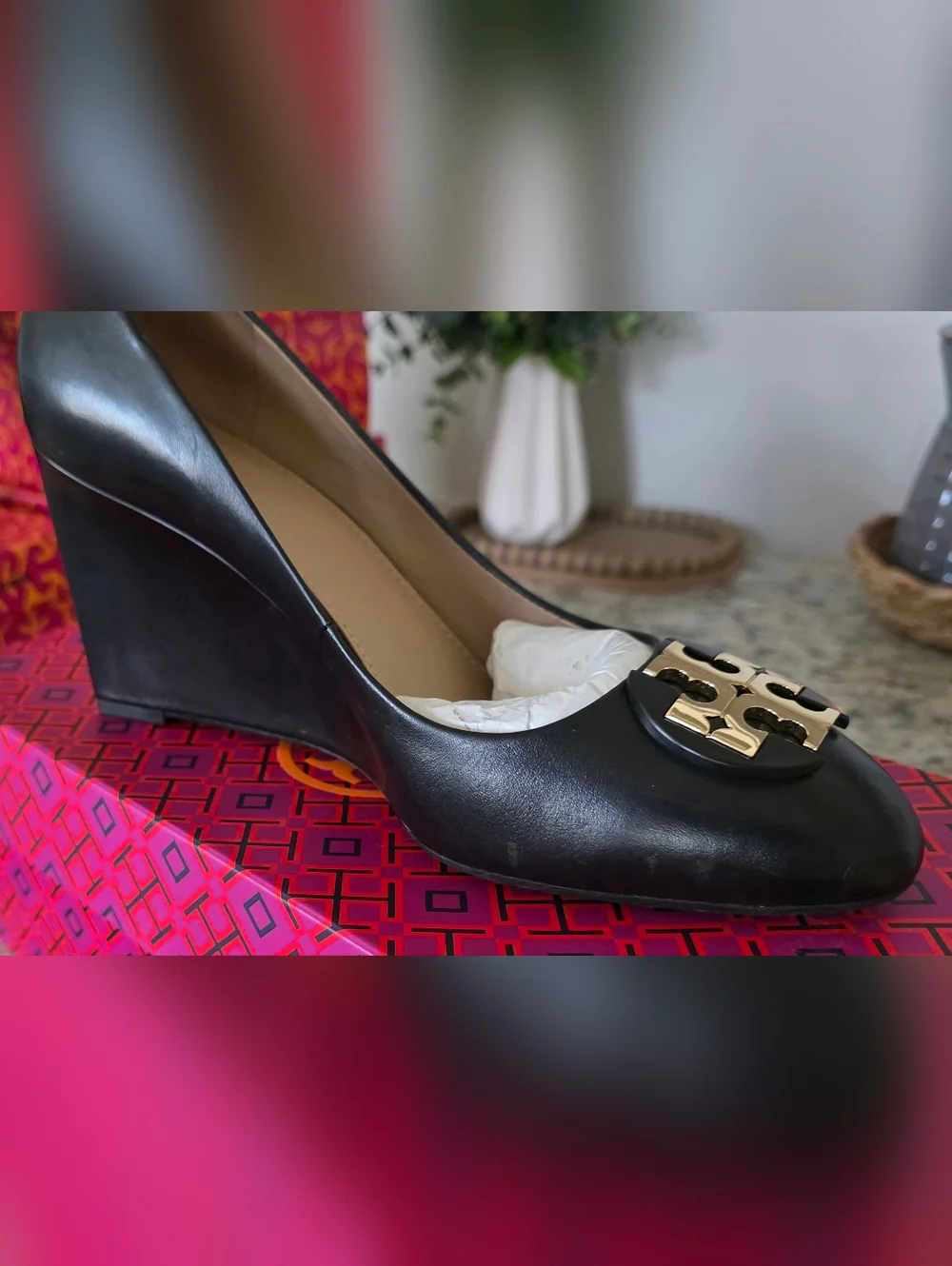 Tory Burch Women's Black Leather Luna 85 MM- Wedges with Gold Emblem. SIZE 8 - Picture 5 of 12